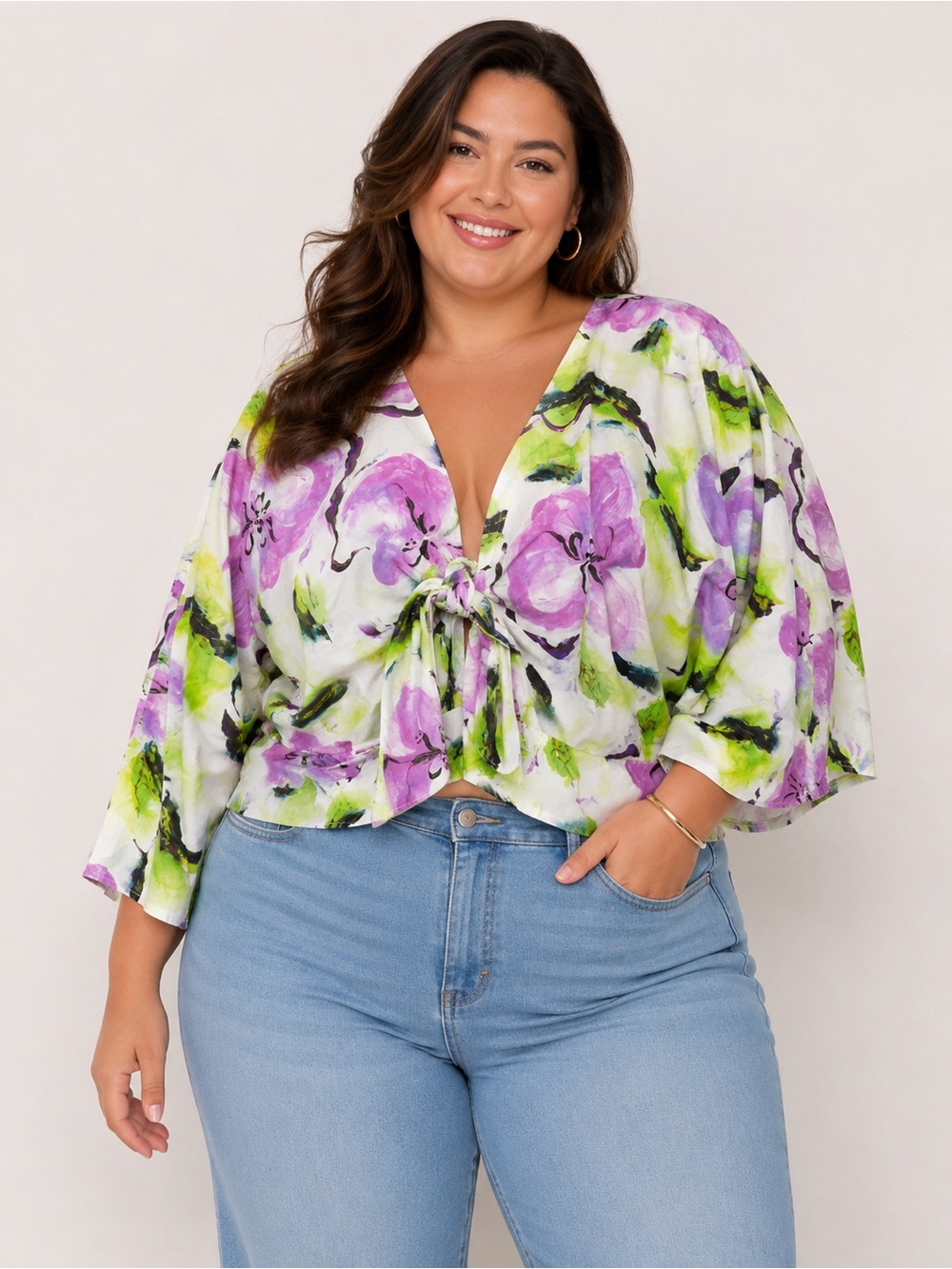 Eloquii Pink & Lime Floral Tie-Front Crop Top size 18